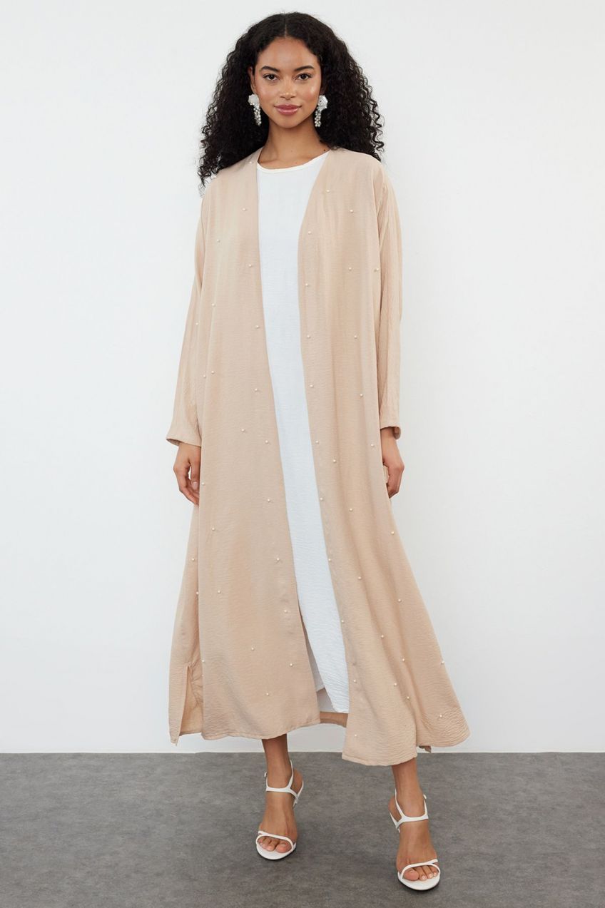 Trendyol Stone Pearl Detailed Woven Cap & Abaya & Abaya