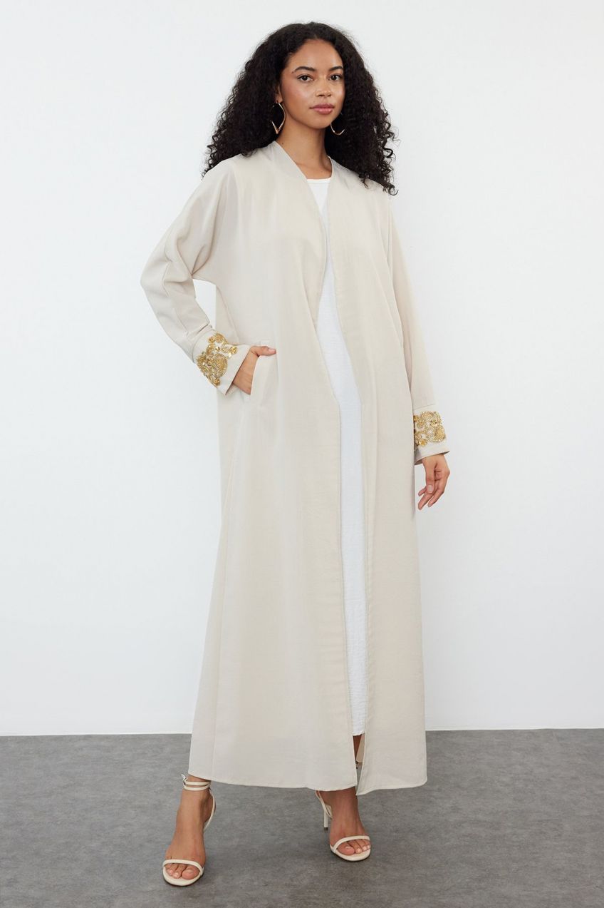 Trendyol Beige Stone Embroidery Accessory Detailed Woven Cap & Abaya