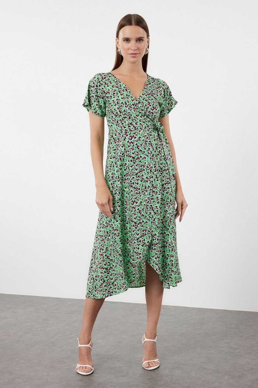Trendyol Green Floral Double Breasted Neck Viscose Woven Dress