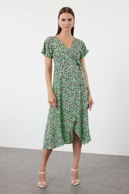 Trendyol Green Floral Double Breasted Neck Viscose Woven Dress