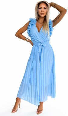 Pleated chiffon midi dress with a neckline and delicate ruffles Numoco