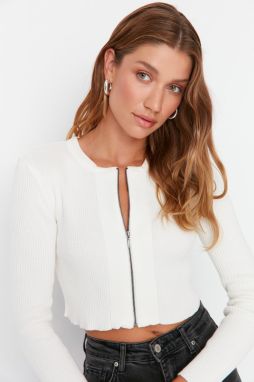 Trendyol Ecru Crop na zips 100% bavlna základný pletený kardigán