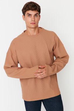 Trendyol Camel Oversize/Wide Cut Crew Neck Textured T-Shirt with Stitching Detail