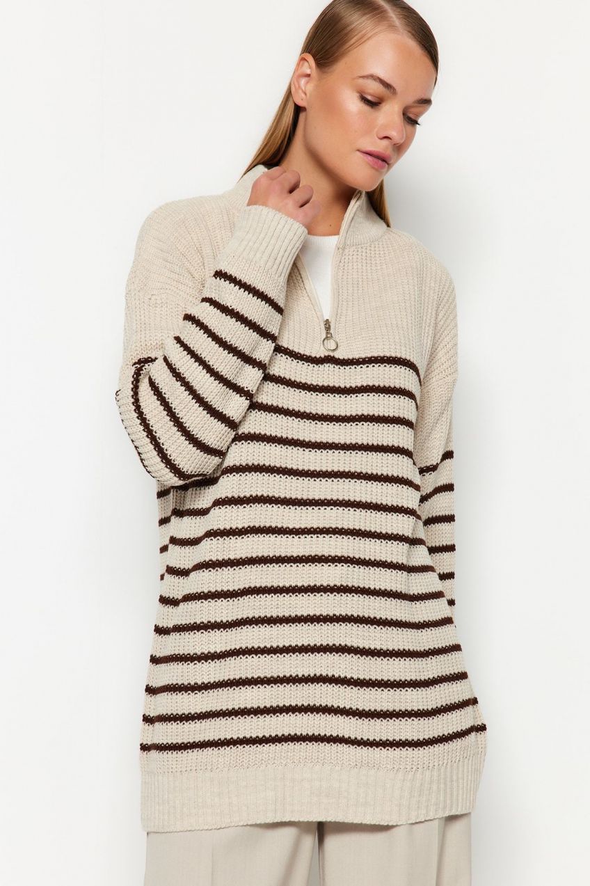 Trendyol Stone Striped Zipper Detailed Knitwear Sweater