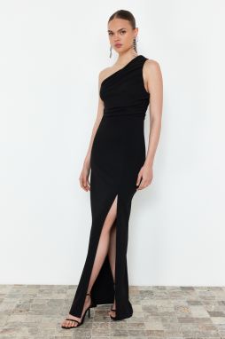 Trendyol Black Body-Sitting Single Sleeve Knitted Long Evening Gowns Dress