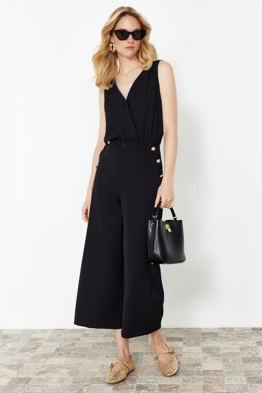 Trendyol Black Button Detailed Wide Leg/Wide Leg Woven Trousers