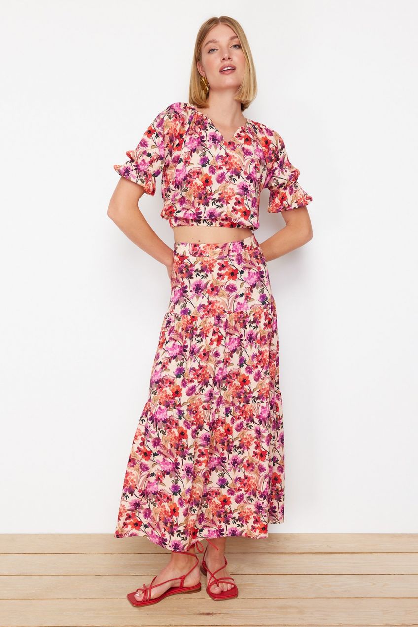 Trendyol Multicolored Floral Patterned Viscose Fabric Maxi Length Woven Skirt