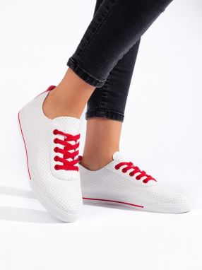 Shelvt White women's sneakers with red laces