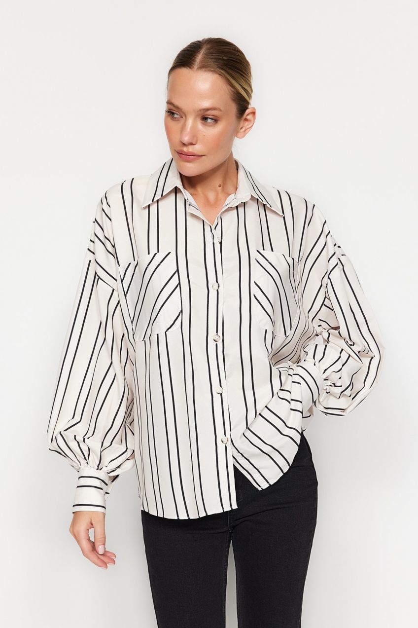 Trendyol Ecru Striped Oversize Wide Fit Satin Woven Shirt