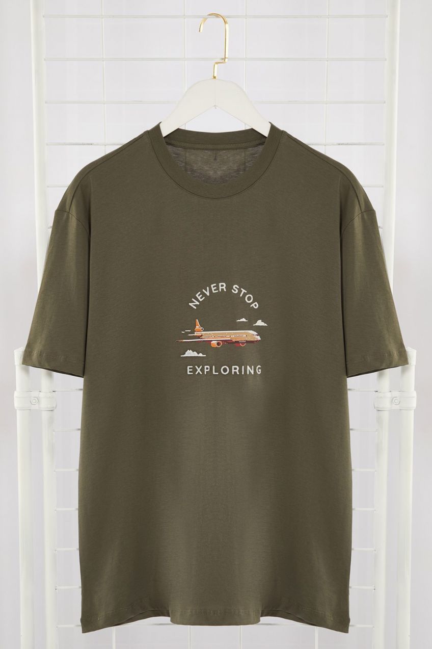 Trendyol Anthracite Oversize/Wide Cut More Sustainable Embroidered 100% Organic Cotton T-shirt