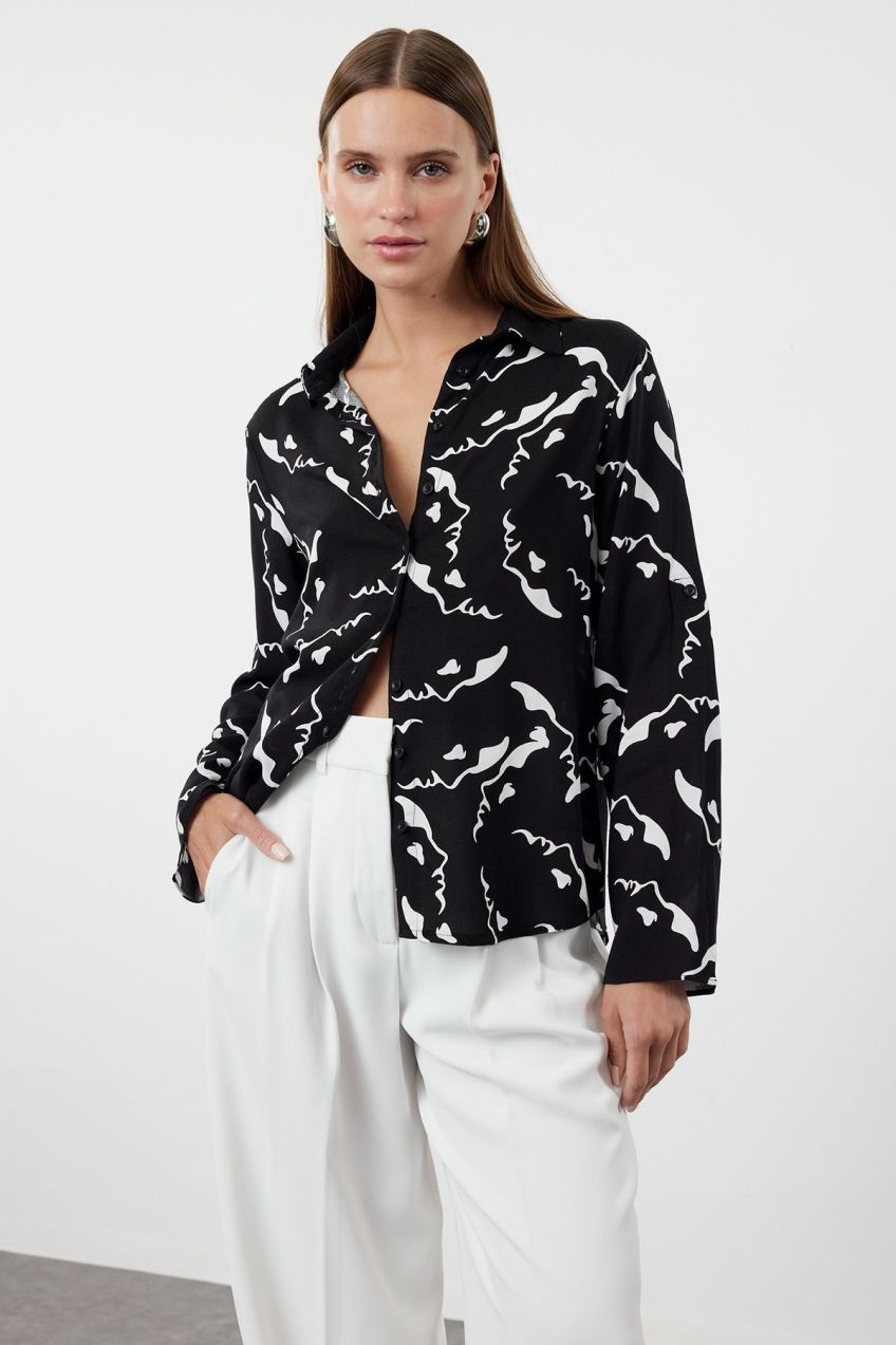 Trendyol Black Patterned Oversize Wide Pattern Woven Shirt