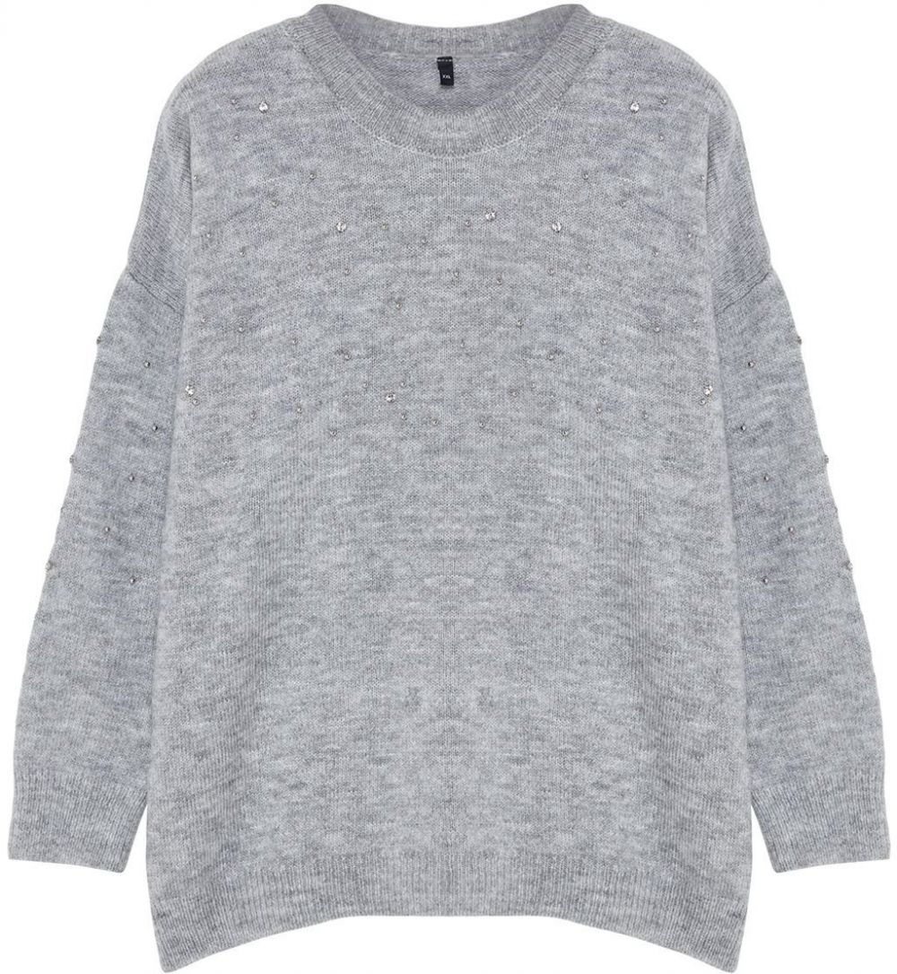Trendyol Curve Gray Crew Neck Stone Knitwear Sweater