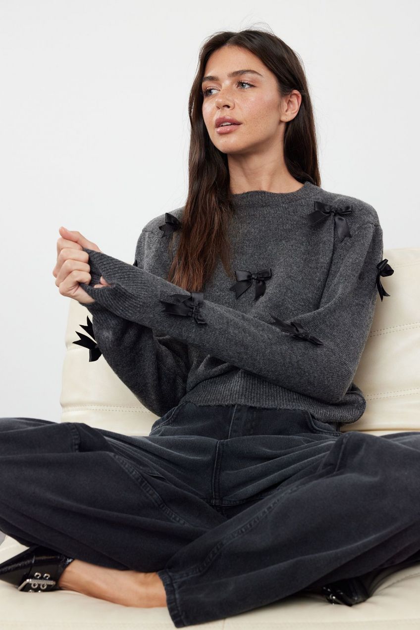Trendyol Dark Anthracite Ribbon Detailed Knitwear Sweater