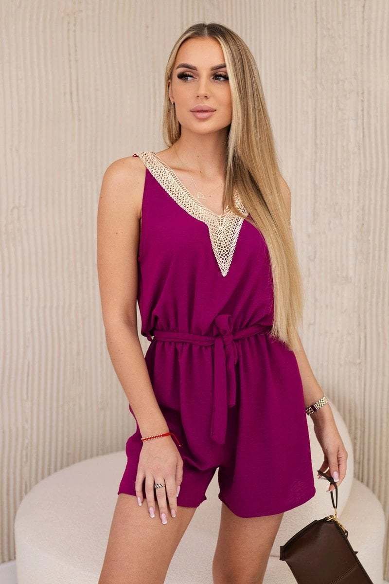 Women's short jumpsuit with decorative lace - plum