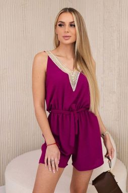Women's short jumpsuit with decorative lace - plum