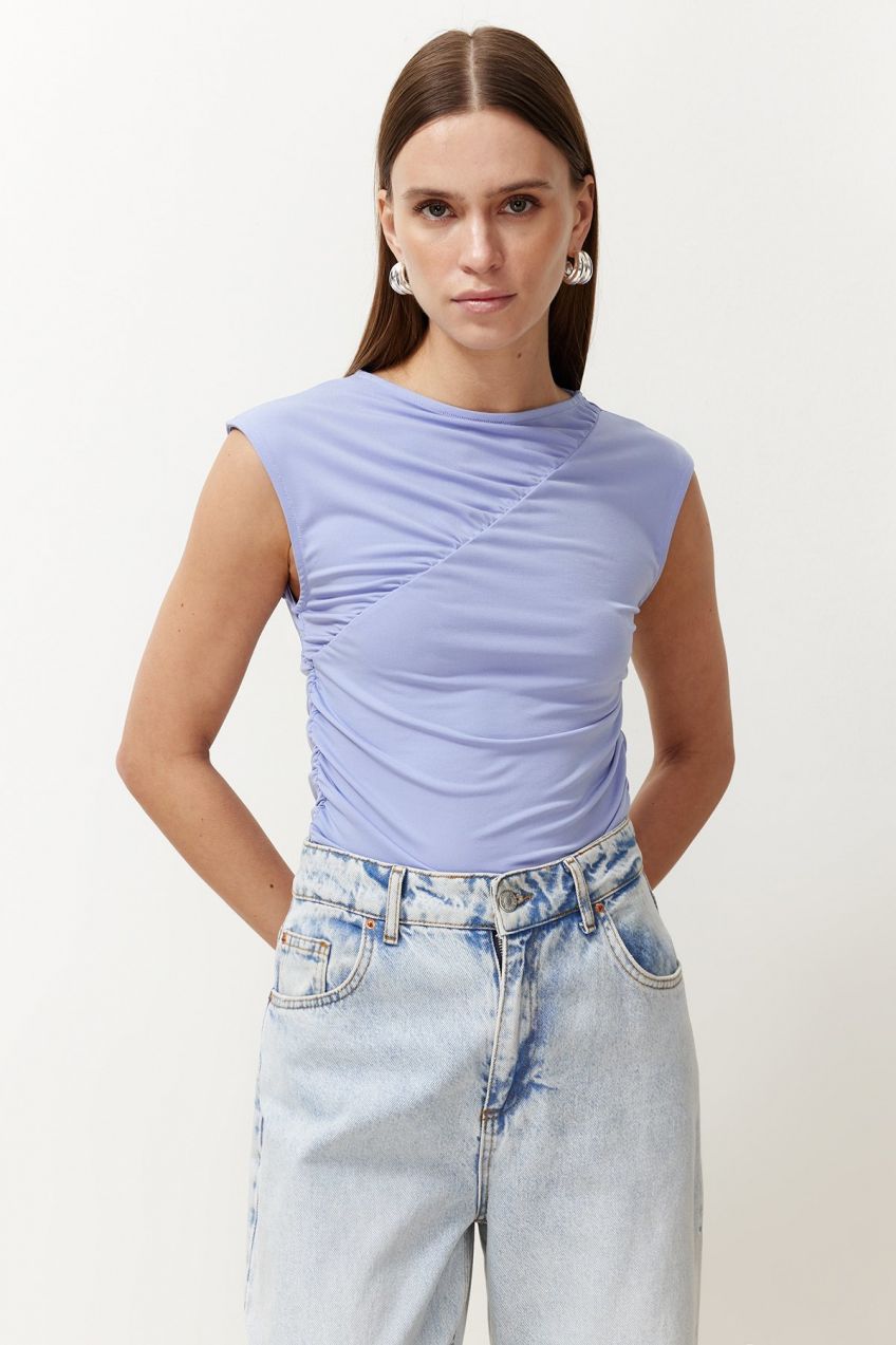 Trendyol Blue Fitted/Fitted Gathered Stretch Knitted Blouse
