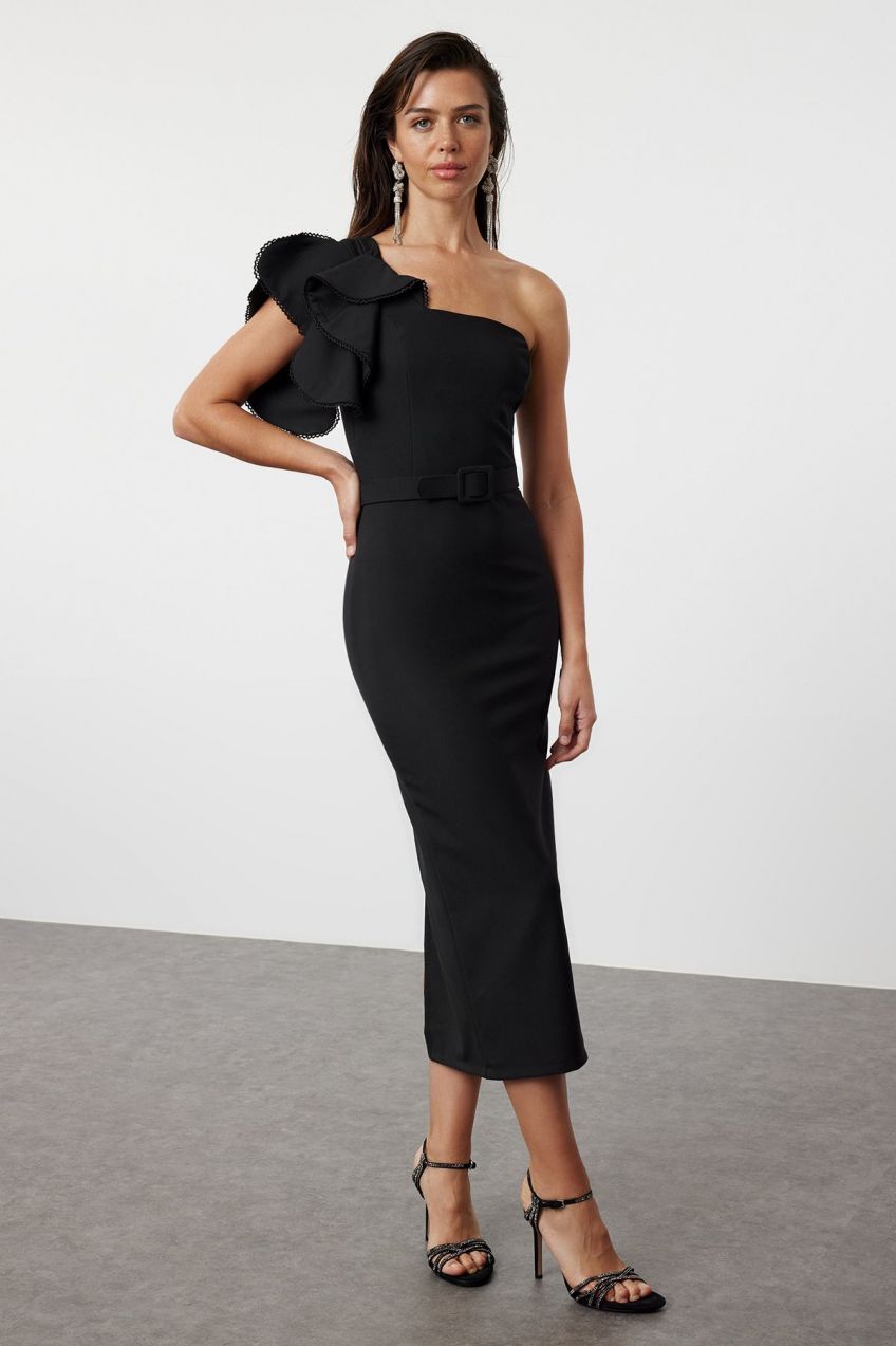 Trendyol Black Fitted, Ruffle Detailed One-Shoulder Woven Dress