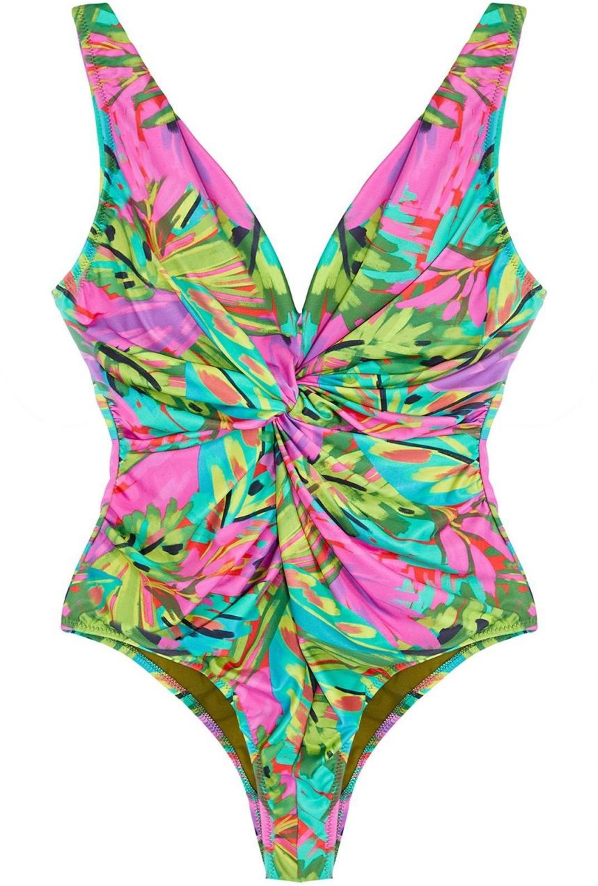 Trendyol Curve Multicolored Tropical Patterned V-Neck Knotted Swimsuit