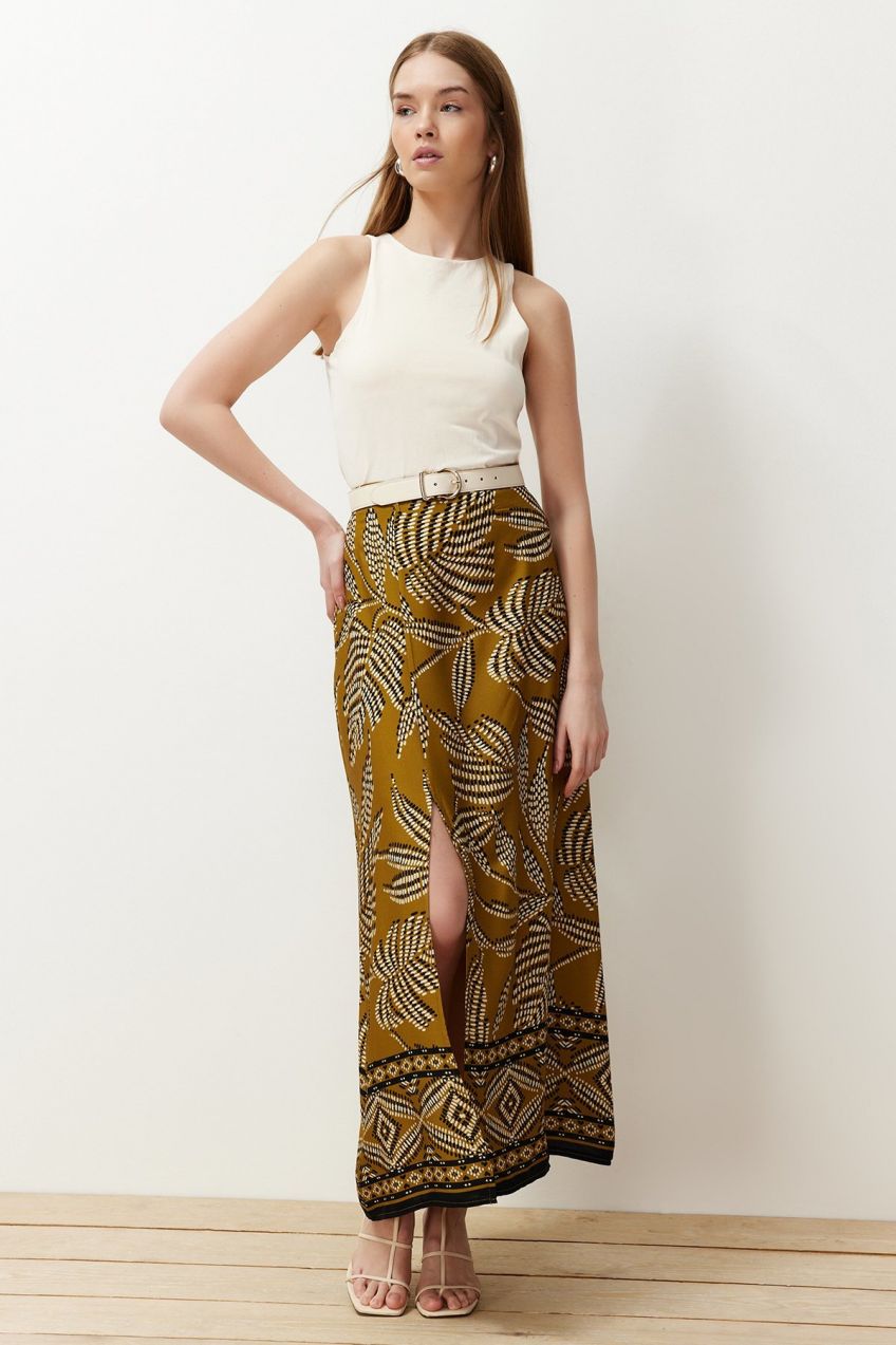 Trendyol Light Khaki Slit Patterned Viscose Fabric Maxi Woven Skirt