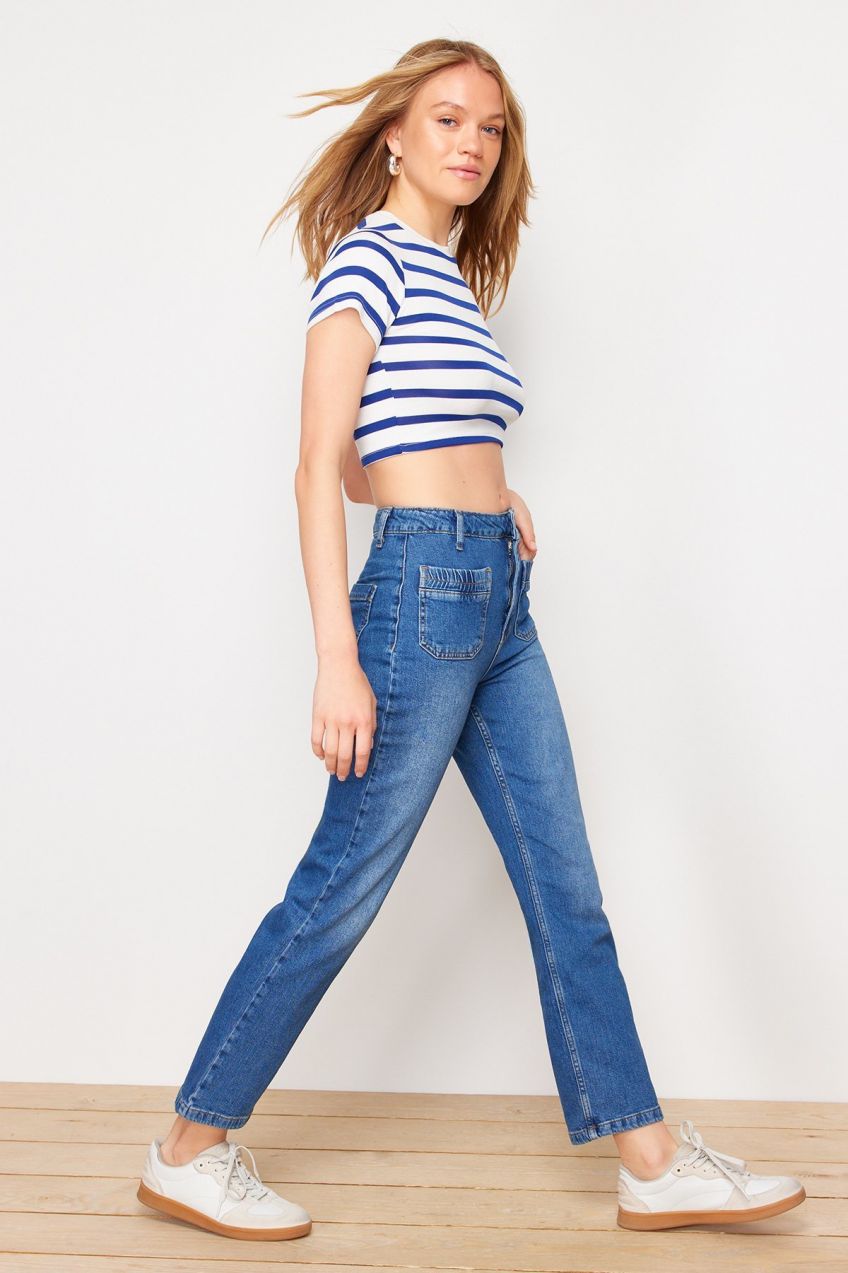 Trendyol Blue Pocket Detailed High Waist Straight Jeans