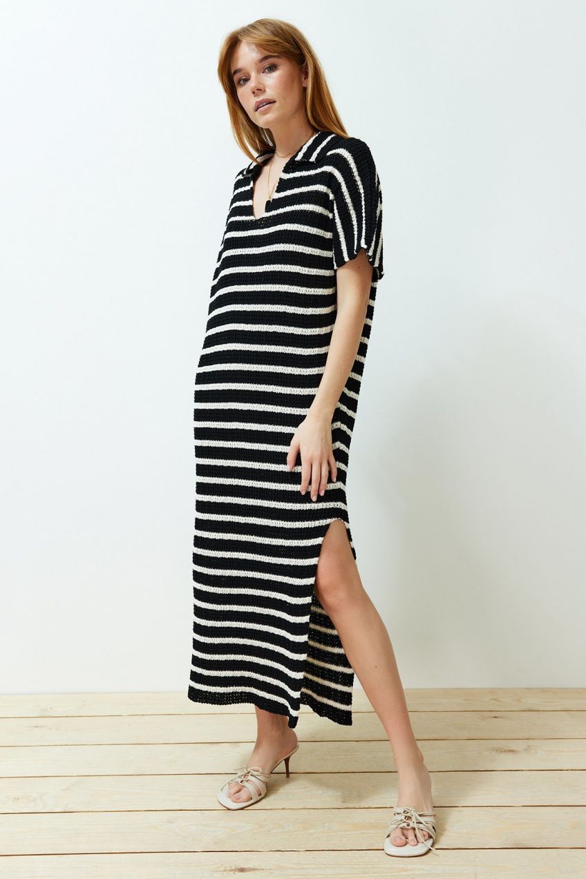 Trendyol Black Maxi Knit Striped Polo Neck Dress