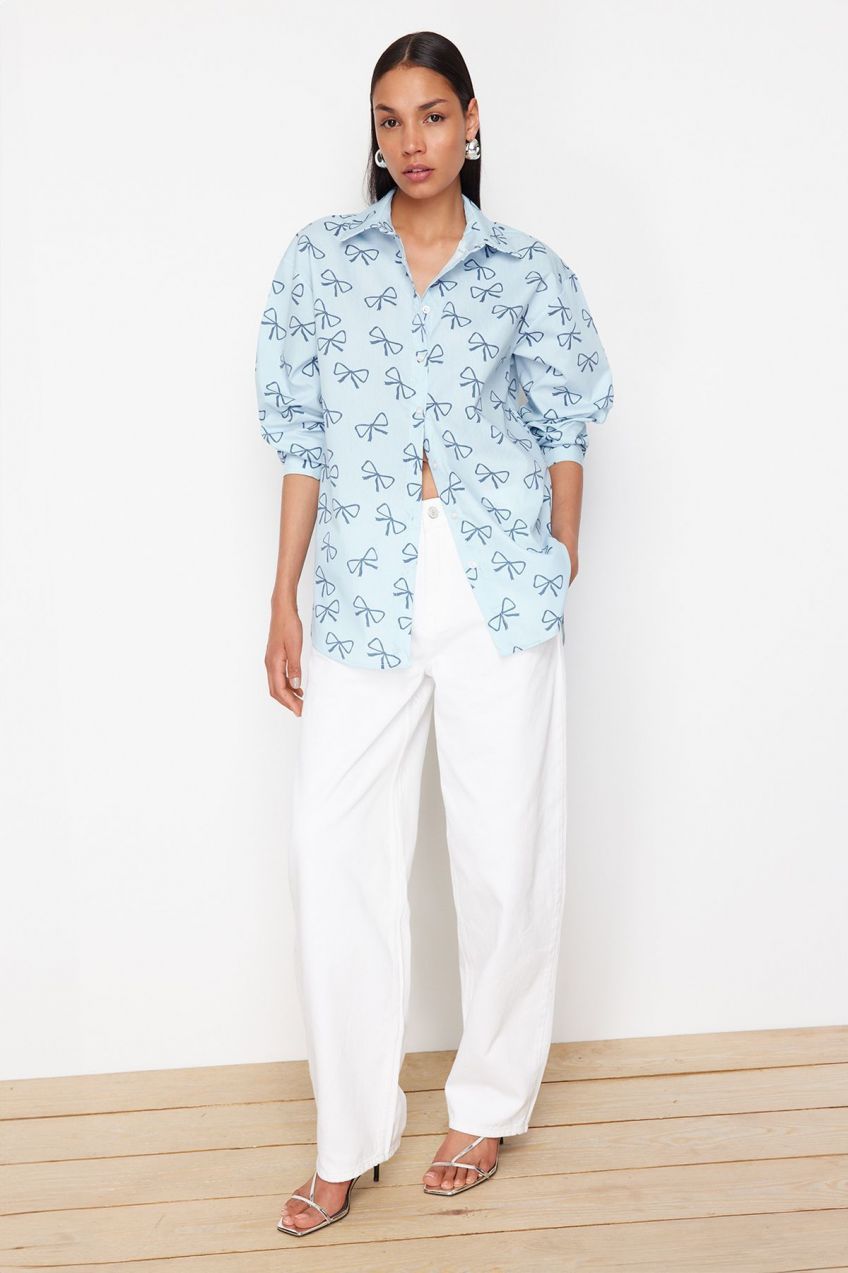 Trendyol Blue Bow Patterned Striped Oversize Wide Fit Woven Shirt