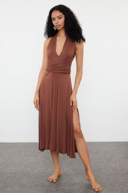 Trendyol Brown Midi Knitted Tie Beach Dress