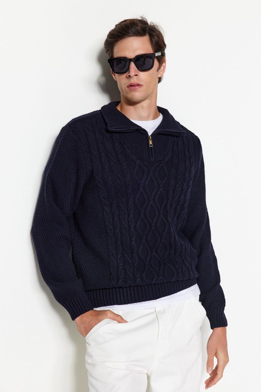 Trendyol Navy Blue Regular Fit Zippered Half Turtleneck Knitwear Sweater