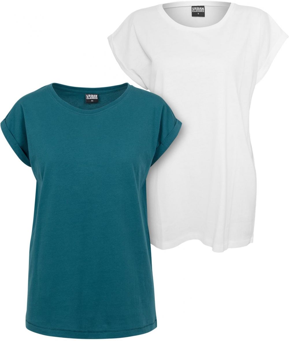 Women's T-shirt with extended shoulder 2-pack blue-green+white