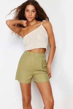 Trendyol Khaki Pleat and Pocket Detailed Cotton Linen Woven Shorts