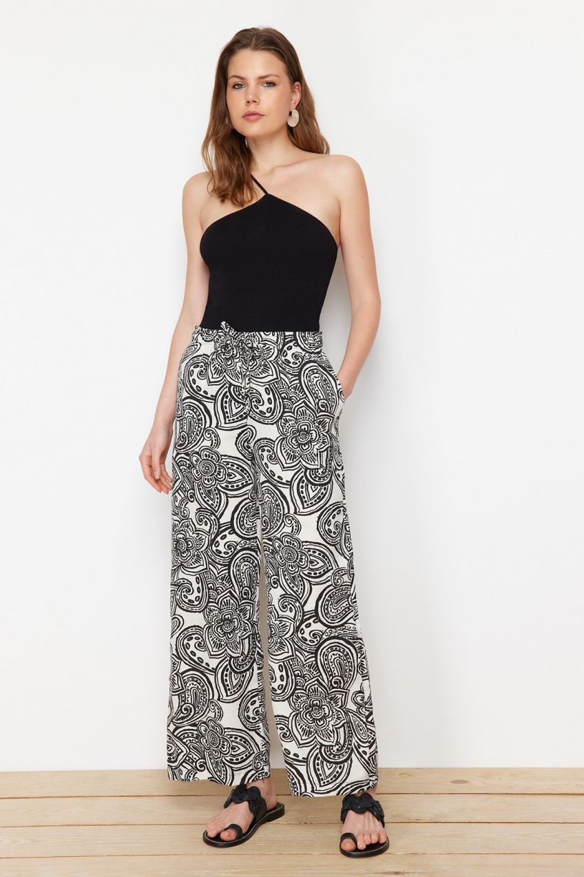 Trendyol Black Elastic Waist Shawl Patterned Woven Trousers