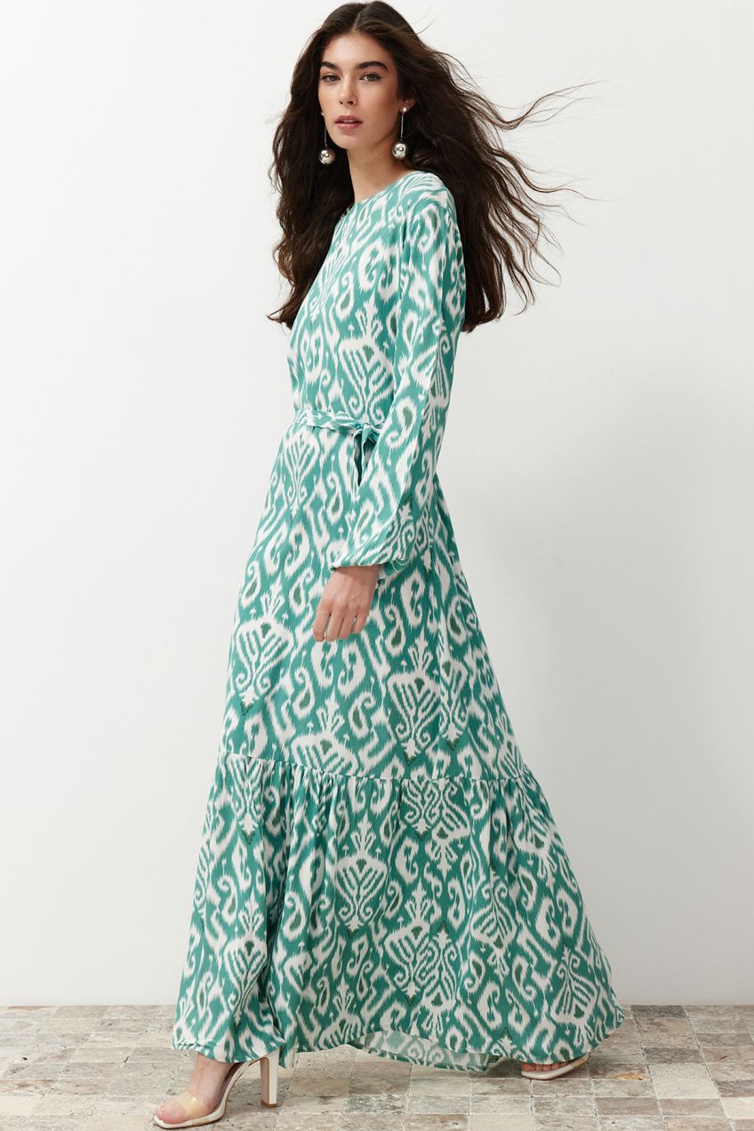 Trendyol Green Shawl Patterned Belted Woven Dress