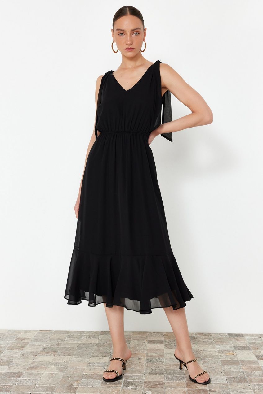 Trendyol Black A-Line Elastic Waist Chiffon Lined Maxi Woven Dress