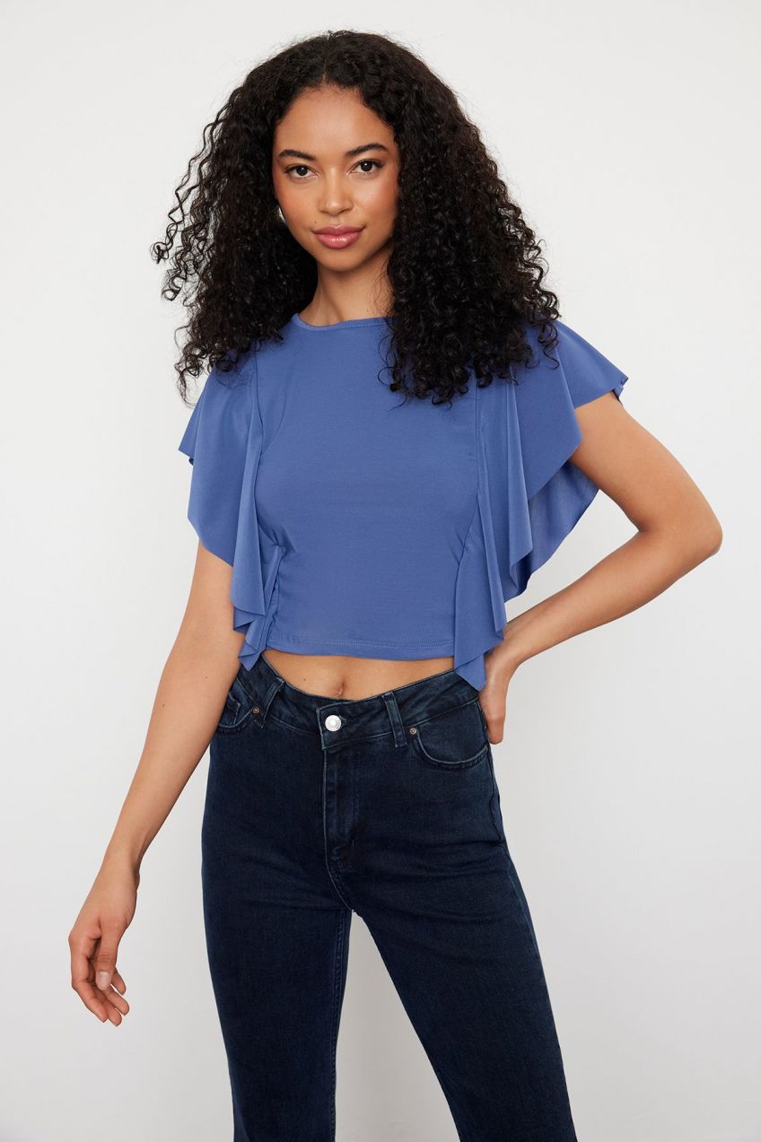 Trendyol Indigo Sleeves Ruffle Detailed Crew Neck Stretchy Knitted Blouse
