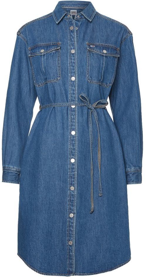 Tommy Jeans Šaty - TJW L/S BELTED DENIM DRESS modré
