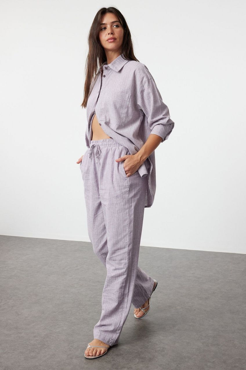 Trendyol Lilac Linen Blend High Waist Striped Wide Leg Trousers