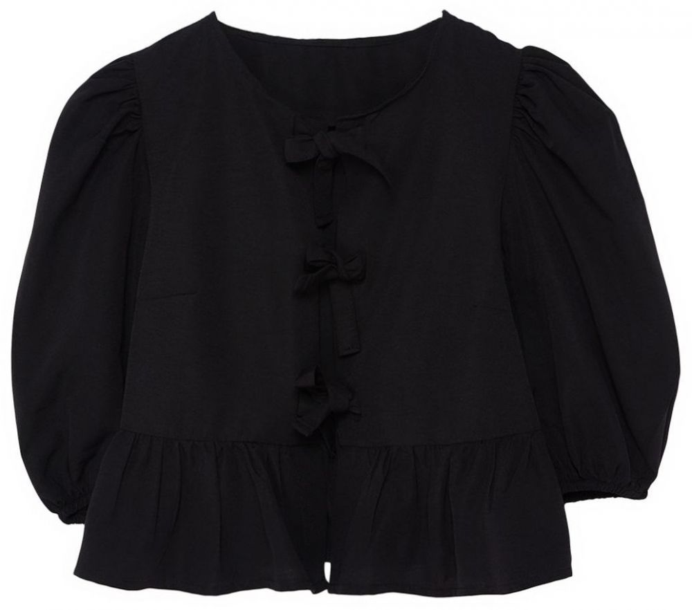Trendyol Black Balloon Sleeve Woven Shirt with Tie Detail