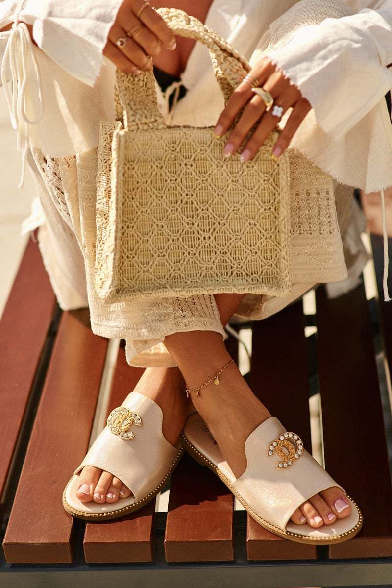 Elegant women's shiny slippers with decoration. Barski Gold