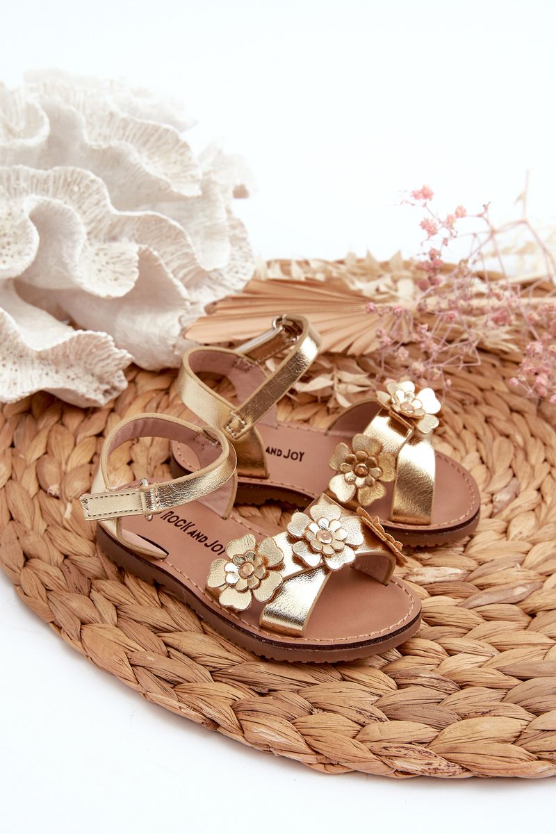 Children's sandals decorated with flowers, Velcro fastening, gold fagossa