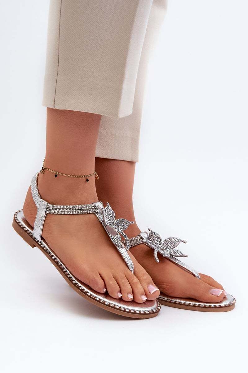 Women's flat sandals with decorative flower Silver Edoni