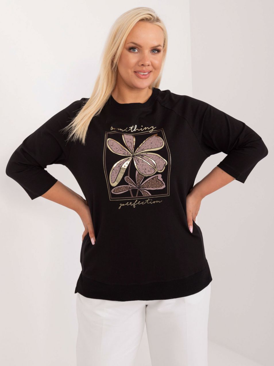 Black plus-size blouse with rhinestone appliqué