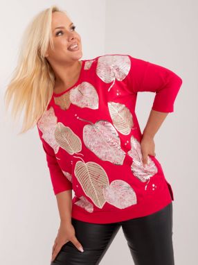 Red plus-size blouse with leaf print