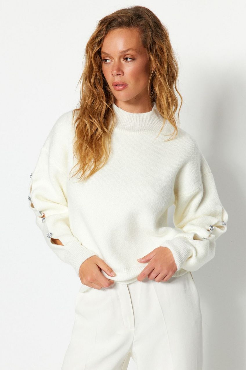 Trendyol Ecru Soft Textured Button Detailed Knitwear Sweater