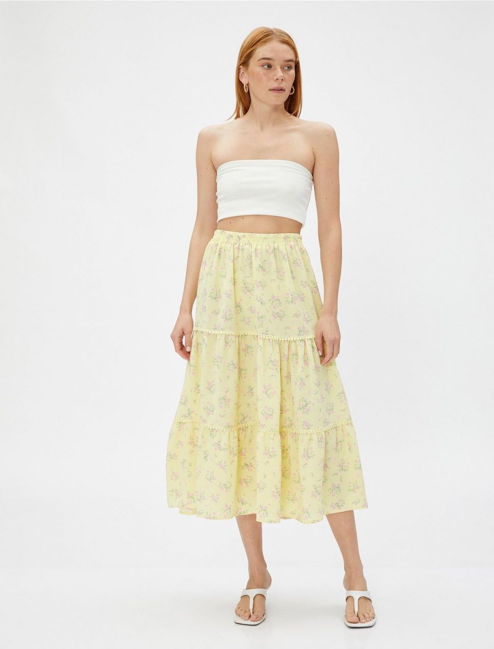 Koton Floral Midi Length Skirt with Elastic Waist.