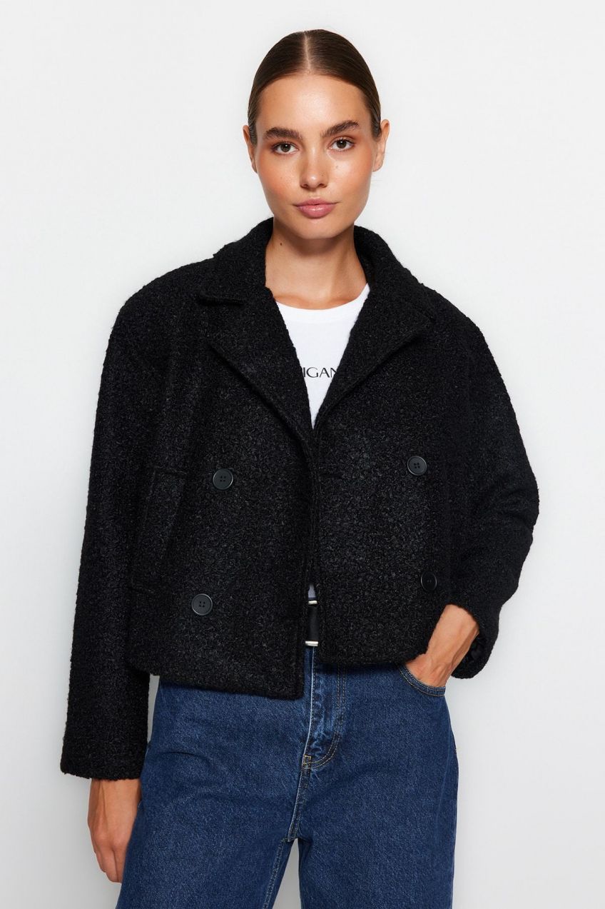 Trendyol čierny oversize široký boucle kabát