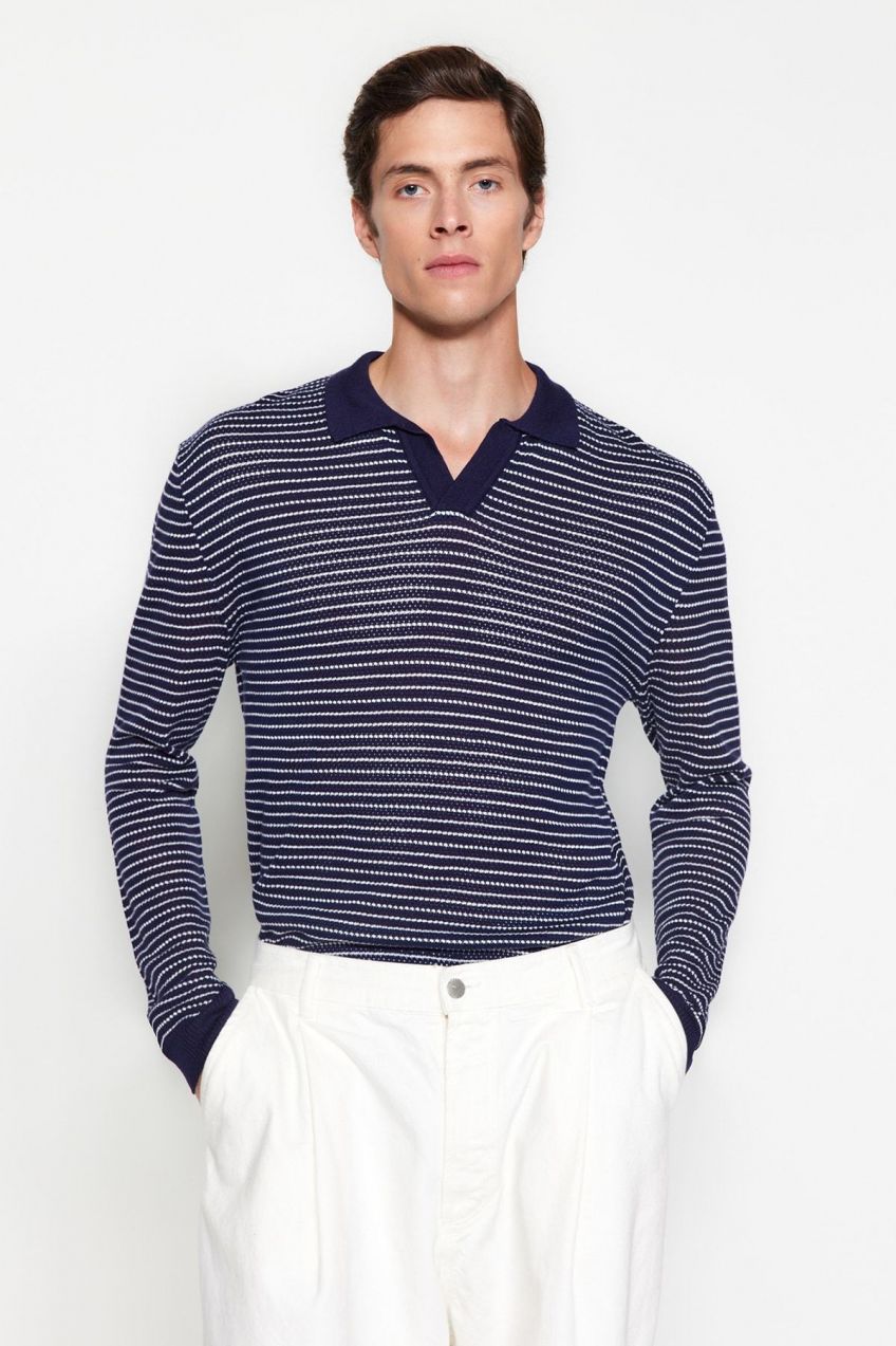 Trendyol Men's Navy Blue Regular Fit Cotton Polo Neck Knitwear Sweater