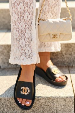 Elegant, lightweight women's slippers with embellishments, natural leather, S.Barski Black