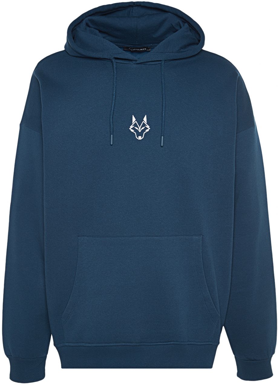 Trendyol Indigo Regular/Normal Cut Hooded Fleece/Warm Wolf Embroidered Sweatshirt
