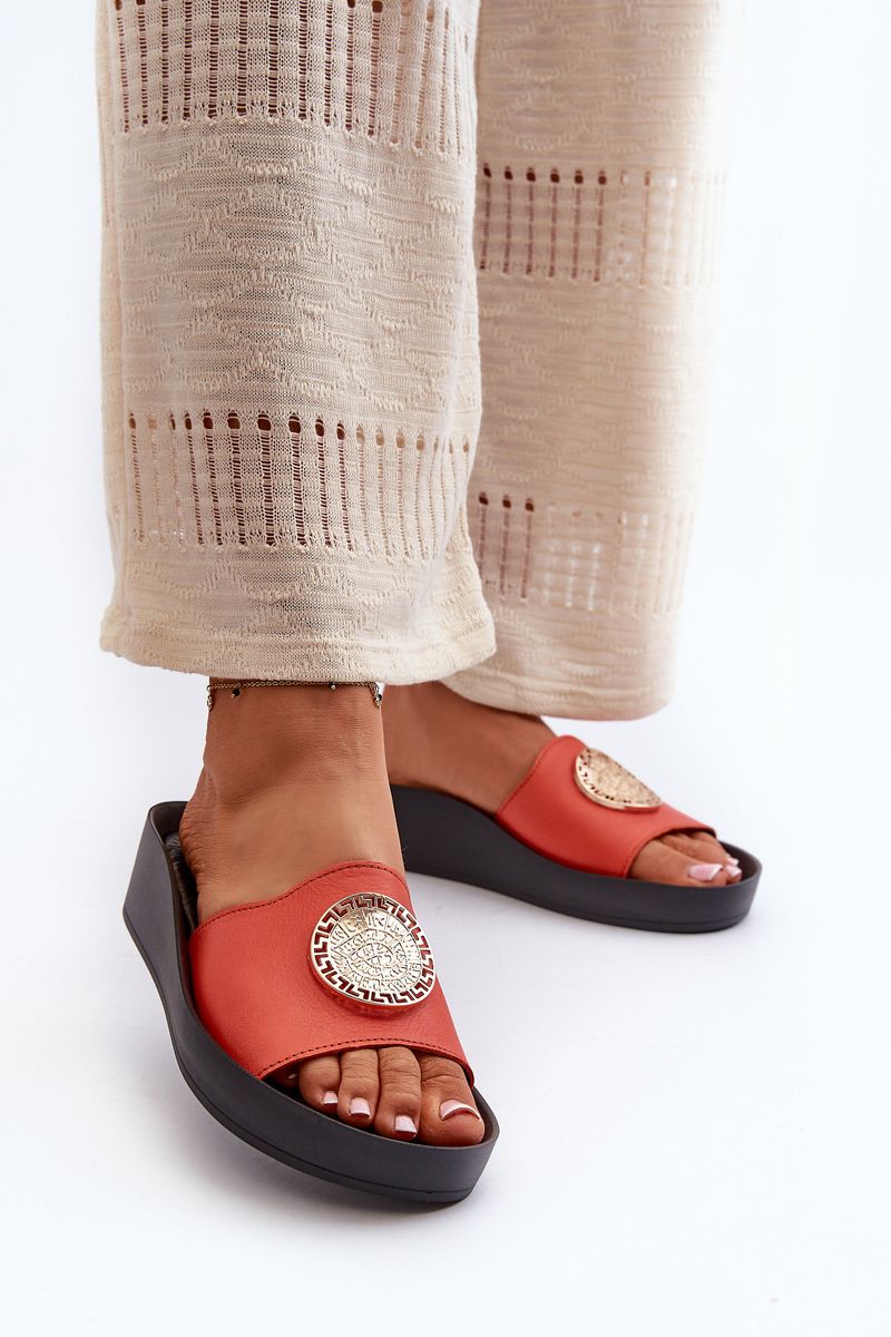 Zazoo women's leather wedge slippers with gold details, orange