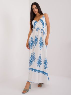 Blue and white flowing dress with patterns